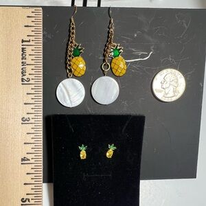 Set of 2 pierced earrings, pineapple, dangle and rhinestone studs